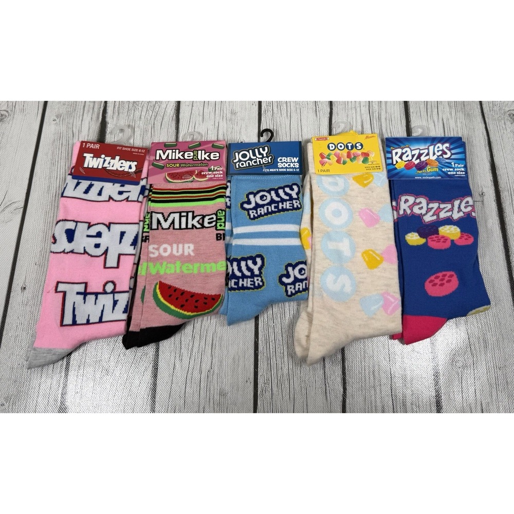 Lot of 5 Candy Novelty Crew Socks Men Size 6-12 Jolly Rancher Dots Razzles NWT